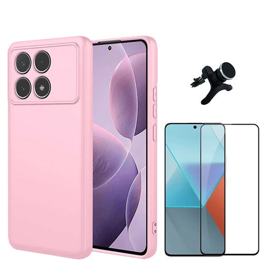 Kit Película de Vidro Temperado Gorilasglass + Capa Proteção Traseira Silicone + Suporte Reforçado de Carro GIFT4ME Compativel Com Xiaomi Poco F6 Pro - Rosa