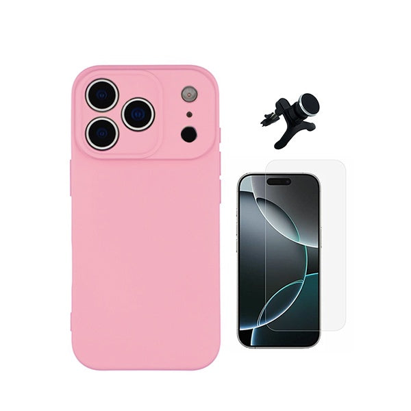 Kit Vidro Temperado Cleargorilasglass + Capa Proteção Silicone +  Suporte Reforçado de Carro GIFT4ME Para Apple iPhone 18 Pro Max - Rosa