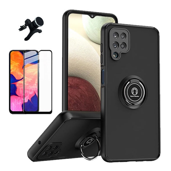 Kit Capa Anti-Impacto Clear com Anel + Vidro Temperado Gorilaglass + Suporte Magnético GIFT4ME Para Samsung Galaxy A12 - Transparente/Preto