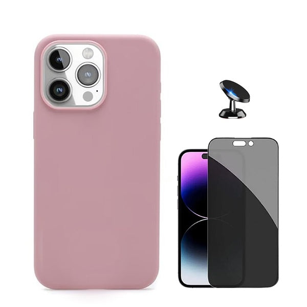 Kit Película de Vidro Temperado Privacidade + Capa Proteção Traseira Silicone + Suporte Magnético GIFT4ME Compativel Com Apple iPhone 16 Pro - Rosa