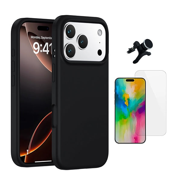 Kit Vidro Temperado Cleargorilasglass + Capa Proteção Silicone +  Suporte Reforçado de Carro GIFT4ME Para Apple iPhone 17 Pro Max - Preto