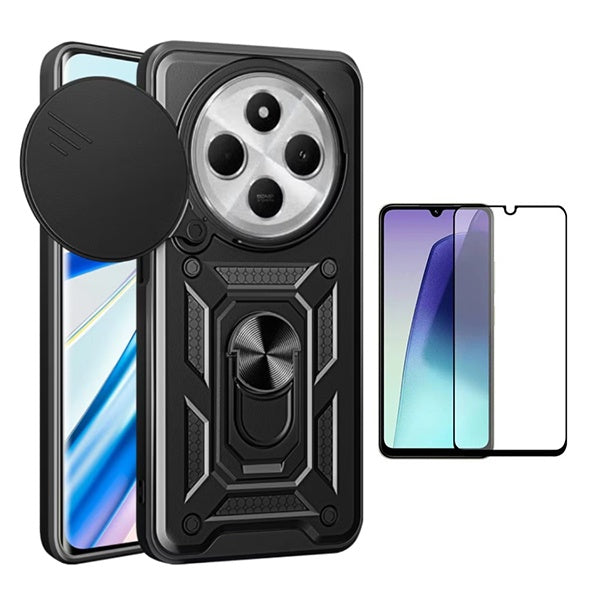 Kit Película de Vidro Temperado Gorilasglass + Capa de Proteção Militar Magnética Janela Gift4Me Para Xiaomi Redmi 14C 5G - Preto