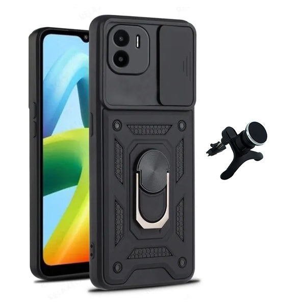 Kit Suporte Magnético Com Pernas + Capa de Proteção Militar Magnética Janela Deslizante Gift4Me Para Xiaomi Poco C50 - Preto