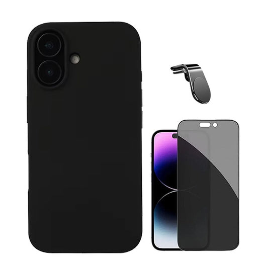 Kit Película de Vidro Temperado Privacidade + Capa Proteção Traseira Silicone + Suporte Magnético L GIFT4ME Compativel Com Apple iPhone 16 - Preto