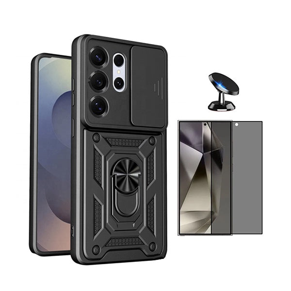 Kit Película de Vidro Temperado Privacidade + Capa de Proteção Militar Magnética Janela + Suporte Magnético GIFT4ME Para Samsung Galaxy S26 Ultra - Preto