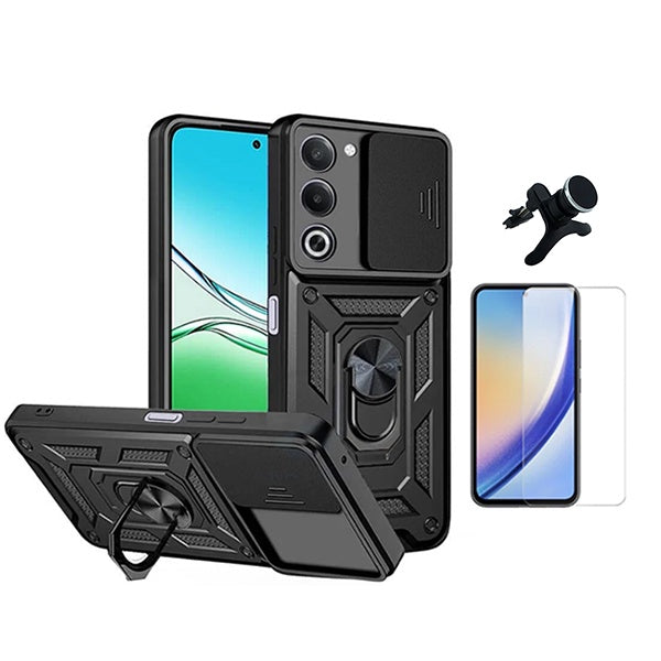 Kit Vidro Temperado Cleargorilasglass + Capa de Proteção Militar Magnética Janela + Suporte Magnético Com Pernas  GIFT4ME Para Oppo A5 5G  - Preto