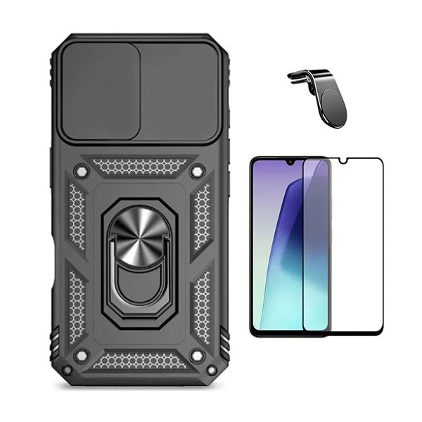 Kit Película de Vidro Temperado Gorilasglass + Capa de Proteção Militar Magnética Janela + Suporte de Carro Magnético L GIFT4ME Para Xiaomi Redmi A5 4G - Preto