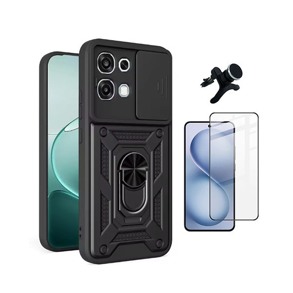 Kit Película de Vidro Temperado Gorilasglass + Capa de Proteção Militar Magnética Janela + Suporte Magnético Com Pernas GIFT4ME Para Oppo A6 Pro 4G - Preto