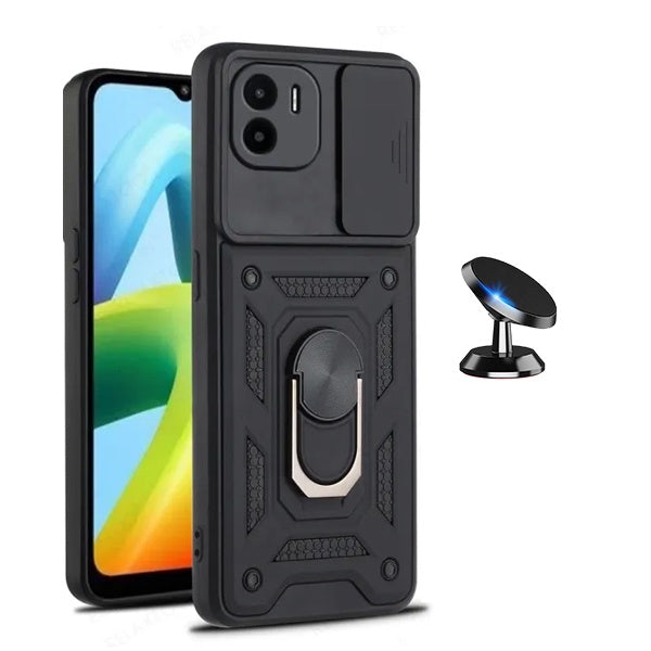 Kit Suporte Magnético + Capa de Proteção Militar Magnética Janela Deslizante Gift4Me Para Xiaomi Poco C50 - Preto