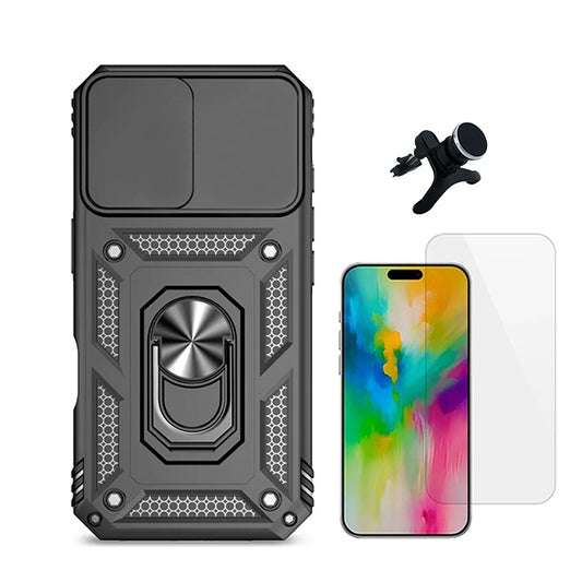 Kit Vidro Temperado Cleargorilasglass + Capa de Proteção Militar Magnética Janela + Suporte Magnético Com Pernas  GIFT4ME Compativel Com Apple iPhone 16 - Preto