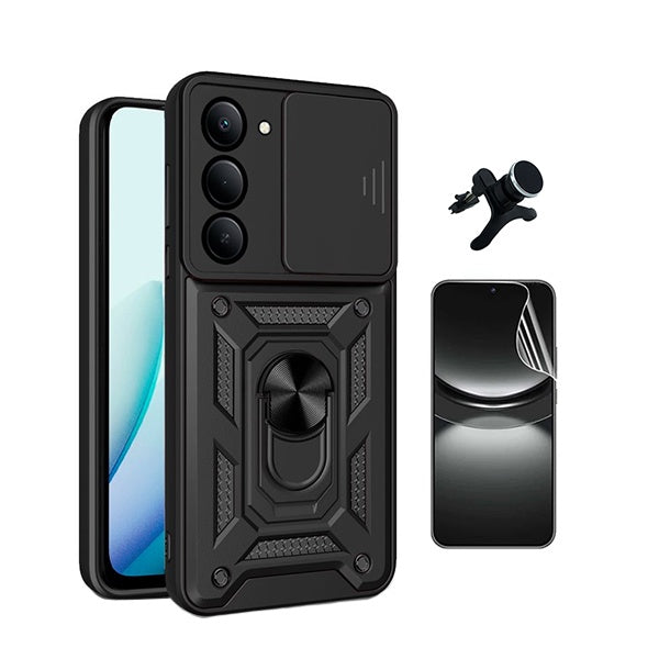 Kit Película Protectora de Hydrogel Frente + Capa de Proteção Militar Magnética Janela + Suporte Magnético Com Pernas  GIFT4ME Para Xiaomi Redmi 15 4G - Preto