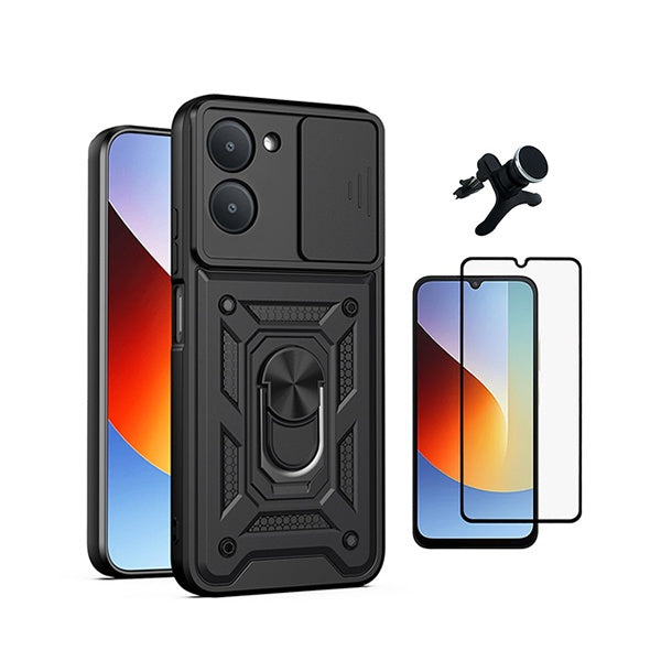 Kit Película de Vidro Temperado Gorilasglass + Capa de Proteção Militar Magnética Janela + Suporte Magnético Com Pernas GIFT4ME Para Xiaomi Redmi A7 - Preto
