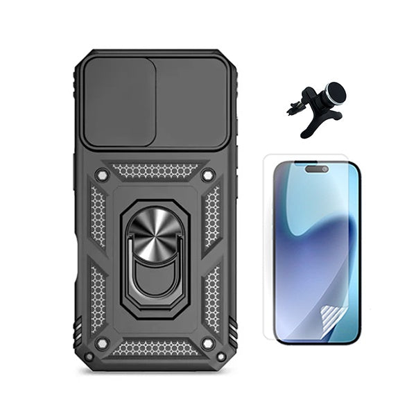 Kit Película Protectora de Hydrogel Frente + Capa de Proteção Militar Magnética Janela + Suporte Magnético Com Pernas  GIFT4ME Para Apple iPhone 17 - Preto