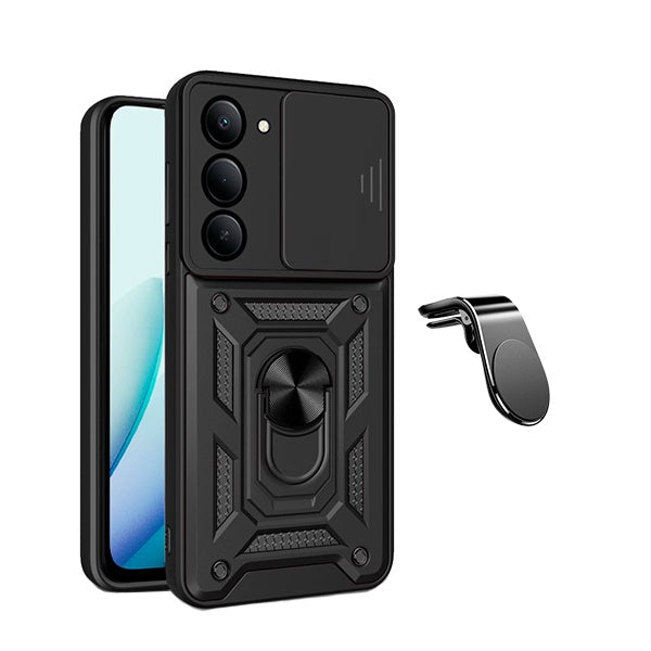 Kit Suporte de Carro Magnético L + Capa de Proteção Militar Magnética Janela Deslizante GIFT4ME Para Xiaomi Redmi 15 4G - Preto