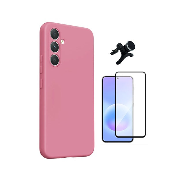 Kit Película de Vidro Temperado Gorilasglass + Capa Proteção Silicone + Suporte Reforçado de Carro GIFT4ME Para Samsung Galaxy A27 - Rosa