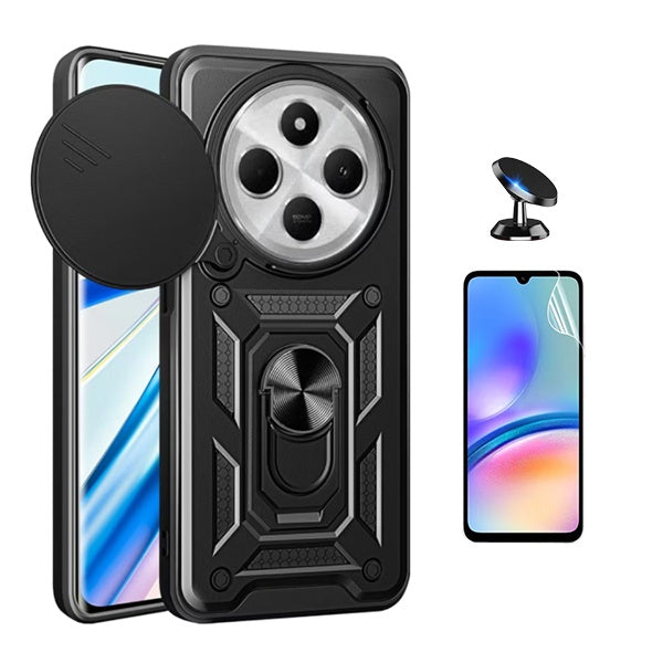 Kit Película Protectora de Hydrogel Frente + Capa de Proteção Militar Magnética Janela + Suporte Magnético Gift4Me Para Xiaomi Redmi 14C - Preto