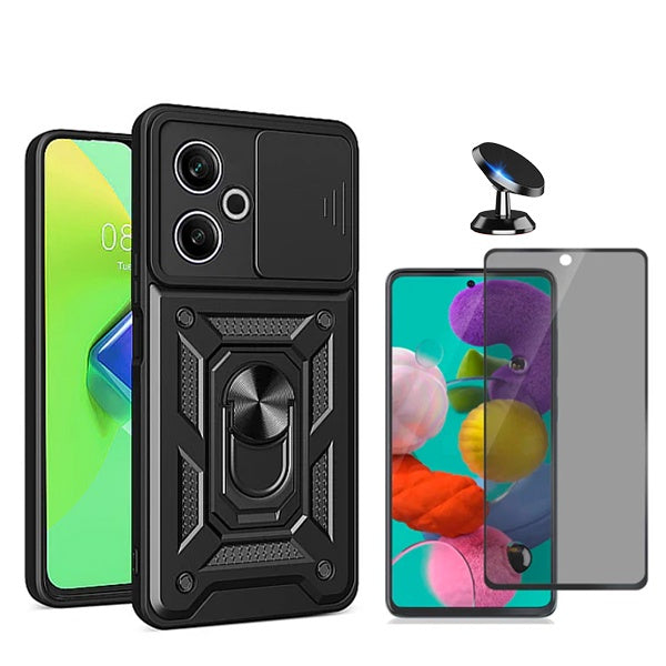 Kit Película de Vidro Temperado Privacidade + Capa de Proteção Militar Magnética Janela + Suporte Magnético GIFT4ME Compativel Com Xiaomi Poco M6 4G - Preto