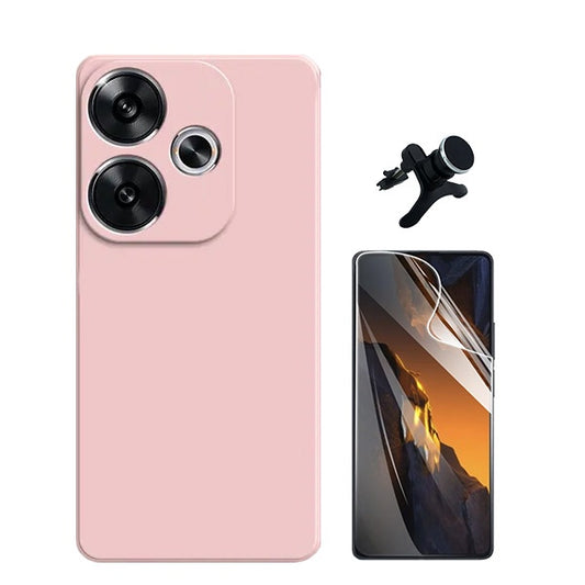 Kit Película Protectora de Hydrogel Frente + Capa Proteção Traseira Silicone + Suporte Reforçado de Carro GIFT4ME Compativel Com Xiaomi Poco F6 - Rosa