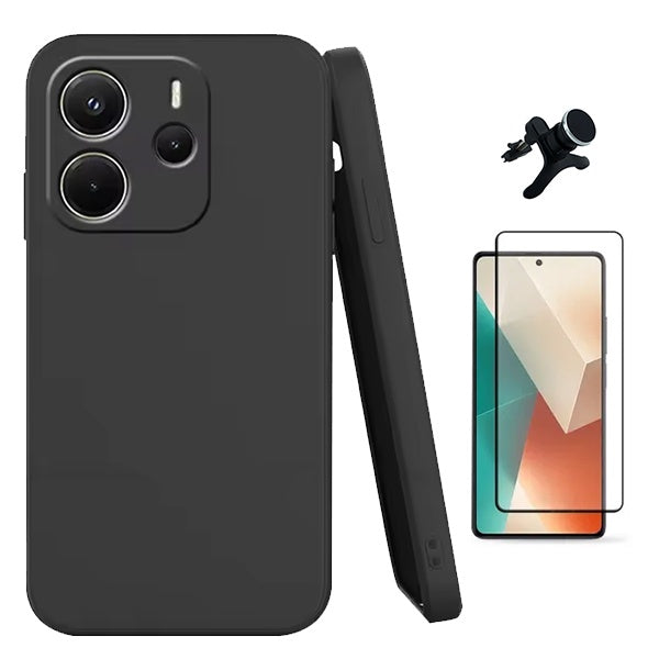 Kit Película de Vidro Temperado Gorilasglass + Capa Proteção Silicone + Suporte Reforçado de Carro GIFT4ME Para Xiaomi Redmi Note 14 5G - Preto