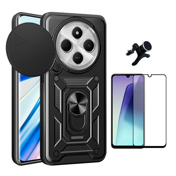 Kit Película de Vidro Temperado Gorilasglass + Capa de Proteção Militar Magnética Janela + Suporte Magnético Com Pernas Gift4Me Para Xiaomi Redmi 14C - Preto