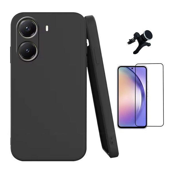 Kit Película de Vidro Temperado Gorilasglass + Capa Proteção Silicone + Suporte Reforçado de Carro Gift4Me Para Xiaomi Poco X7 Pro - Preto
