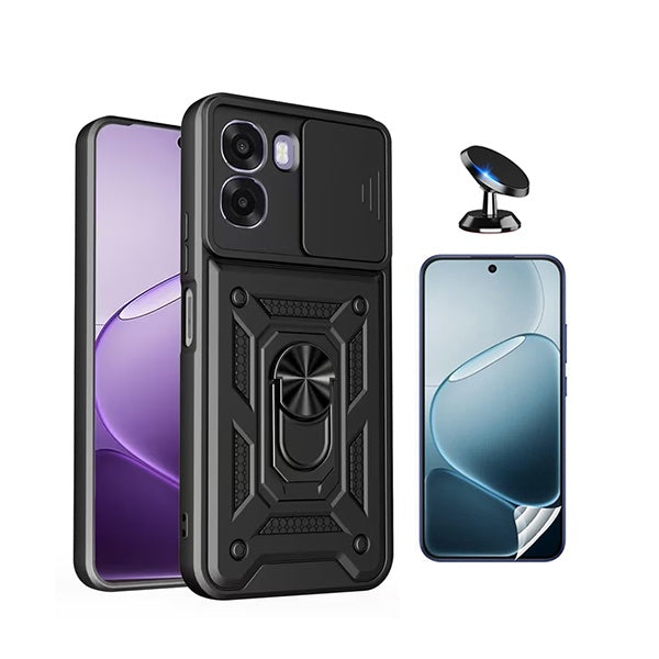 Kit Película Protectora de Hydrogel Frente + Capa de Proteção Militar Magnética Janela + Suporte Magnético GIFT4ME Para Oppo A6x - Preto