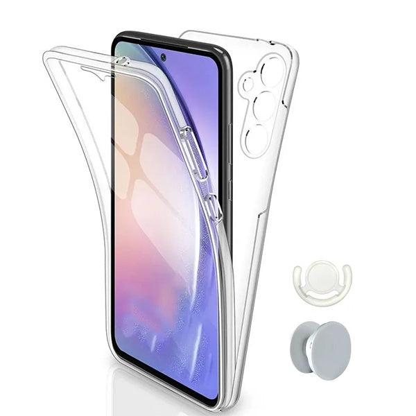 Kit Capa 360° Proteção Frente e Verso + 1 Handholder + 1 Suporte Handholder Branco Gift4Me Para Samsung Galaxy A36 - Transparente/Branco