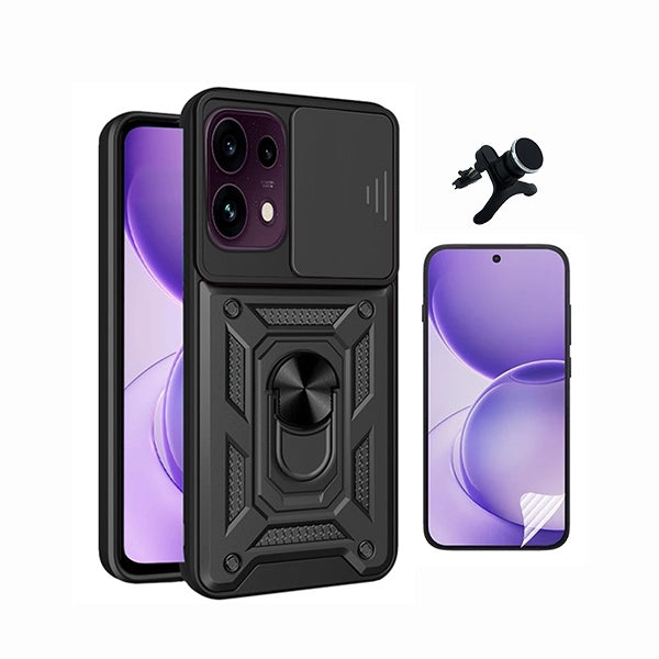 Kit Película Protectora de Hydrogel Frente + Capa de Proteção Militar Magnética Janela + Suporte Magnético Com Pernas  GIFT4ME Para Oppo Reno16 FS 5G - Preto