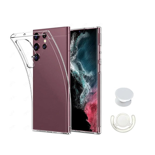Kit Capa 360° Proteção Frente e Verso + 1 Handholder + 1 Suporte Handholder Branco Gift4Me Para Samsung Galaxy S25 Ultra - Transparente/Branco
