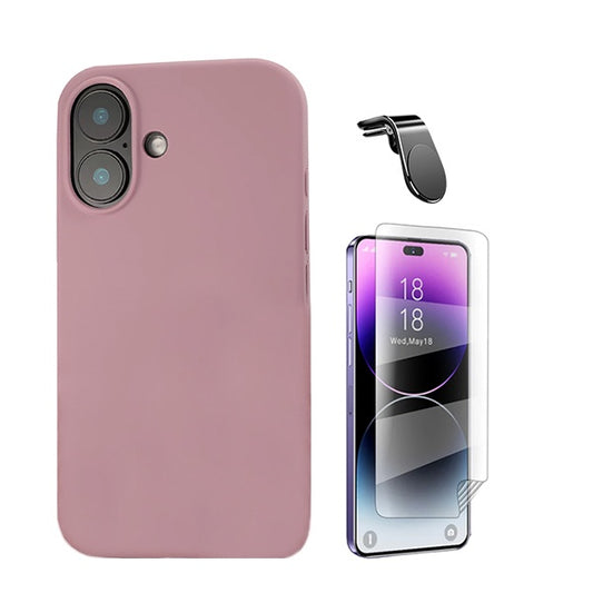 Kit Película Protectora de Hydrogel Frente + Capa Proteção Traseira Silicone + Suporte Magnético L GIFT4ME Compativel Com Apple iPhone 16 - Rosa