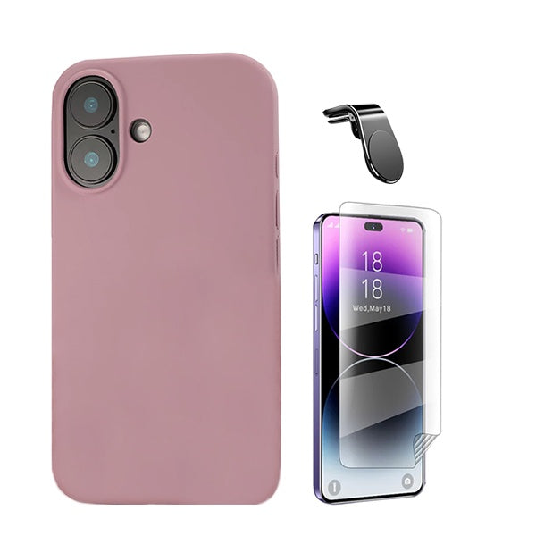 Kit Película Protectora de Hydrogel Frente + Capa Proteção Traseira Silicone + Suporte Magnético L GIFT4ME Compativel Com Apple iPhone 16 Plus - Rosa