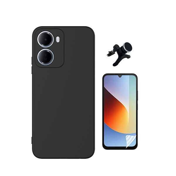 Kit Película Protectora de Hydrogel Frente + Capa Proteção Silicone + Suporte Reforçado de Carro GIFT4ME Para Xiaomi Redmi 15a - Preto
