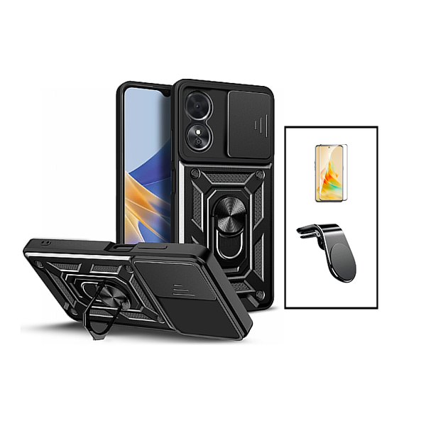 Kit Película de Vidro Temperado GorilasGlass + Capa de Proteção Militar Magnética + Suporte de Carro Magnético L para Oppo A98 - Preto