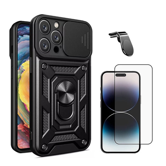 Kit Película de Vidro Temperado Gorilasglass + Capa de Proteção Militar Magnética Janela + Suporte de Carro Magnético L GIFT4ME Compativel Com Apple iPhone 16 Pro - Preto