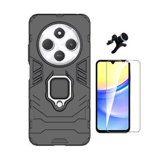 Kit Vidro Temperado Cleargorilasglass + Capa de Proteção Militar Magnética + Suporte Magnético Com Pernas Gift4Me Para Xiaomi Redmi 14C 5G - Preto