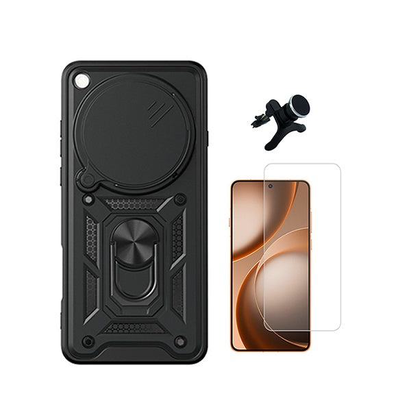 Kit Vidro Temperado Cleargorilasglass + Capa de Proteção Militar Magnética Janela + Suporte Magnético Com Pernas  GIFT4ME Para Oppo Find X9 Ultra - Preto