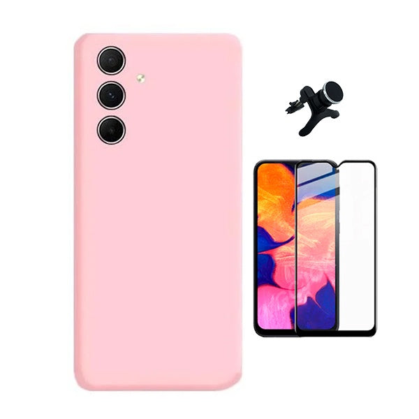 Kit Película de Vidro Temperado Gorilasglass + Capa Proteção Silicone + Suporte Reforçado de Carro Gift4Me Para Samsung Galaxy A04s - Rosa
