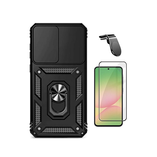Kit Película de Vidro Temperado Gorilasglass + Capa de Proteção Militar Magnética Janela + Suporte de Carro Magnético L GIFT4ME Para Samsung Galaxy A57 5G - Preto