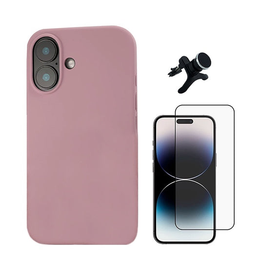 Kit Película de Vidro Temperado Gorilasglass + Capa Proteção Traseira Silicone + Suporte Reforçado de Carro GIFT4ME Compativel Com Apple iPhone 16 - Rosa