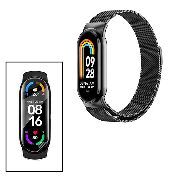 Kit Bracelete Milanese Com Fecho Magnético + Pelicula de Hydrogel GIFT4ME Compativel Com Xiaomi Smart Band 9 - Preto