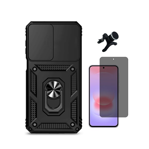 Kit Película de Vidro Temperado Privacidade + Capa de Proteção Militar Magnética Janela +  Suporte Magnético Com Pernas  GIFT4ME Para Samsung Galaxy A27 - Preto