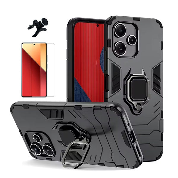 Kit Vidro Temperado Cleargorilasglass + Capa de Proteção Militar Magnética + Suporte Magnético Com Pernas Gift4Me Para Xiaomi Redmi Note 14 - Preto