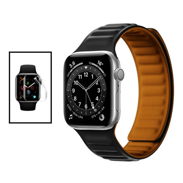 Kit Bracelete Magnetica de Silicone + Película de Hydrogel GIFT4ME Compativel Com Apple Watch Series 10 - 42mm - Preto Laranja