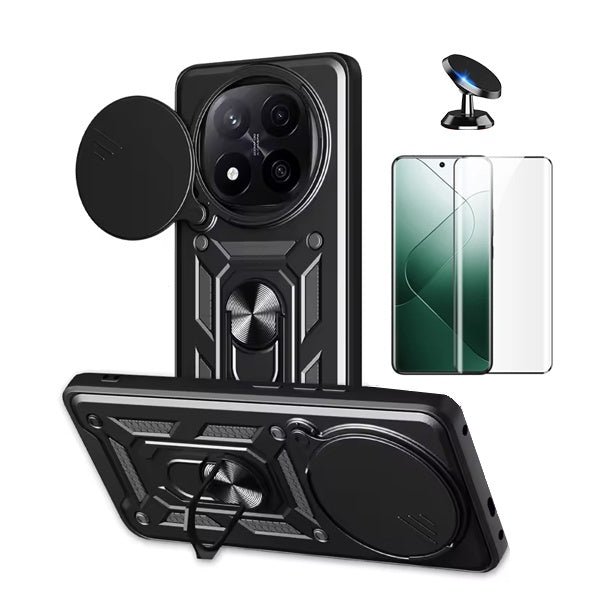 Kit Película de Vidro Temperado Gorilasglass Curvado + Capa de Proteção Militar Magnética + Suporte Magnético Gift4Me Para Xiaomi Redmi Note 14 Pro + Plus - Preto