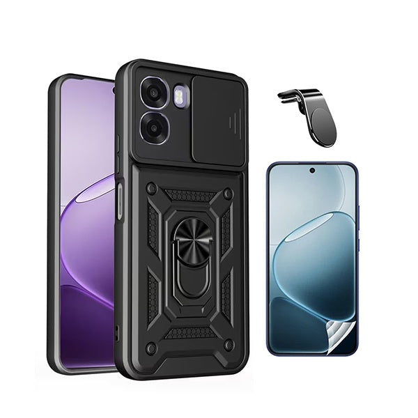 Kit Película Protectora de Hydrogel Frente + Capa de Proteção Militar Magnética Janela + Suporte de Carro Magnético L GIFT4ME Para Oppo A6x - Preto