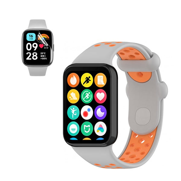 Kit Bracelete Desportiva + Película de Hydrogel Gift4Me Para Xiaomi Redmi Watch 4 - Cinza / Laranja