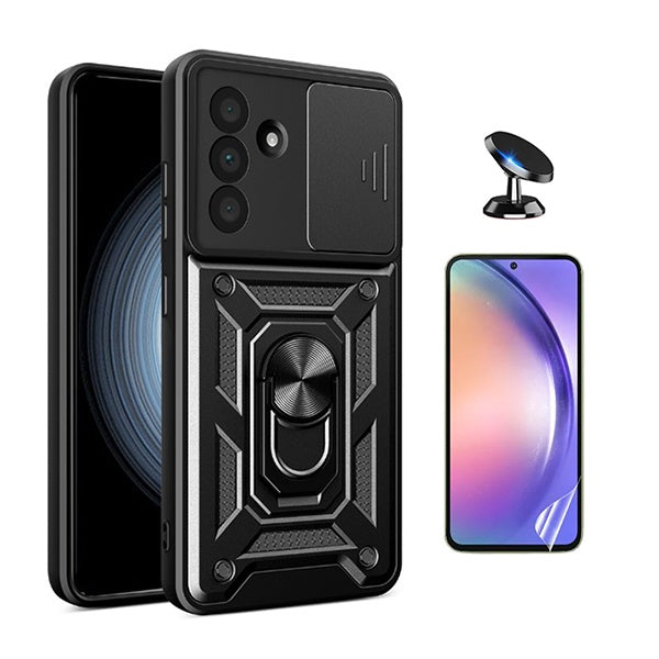 Kit Película Protectora de Hydrogel Frente + Capa de Proteção Militar Magnética Janela + Suporte Magnético GIFT4ME Para Samsung Galaxy A36 5G - Preto