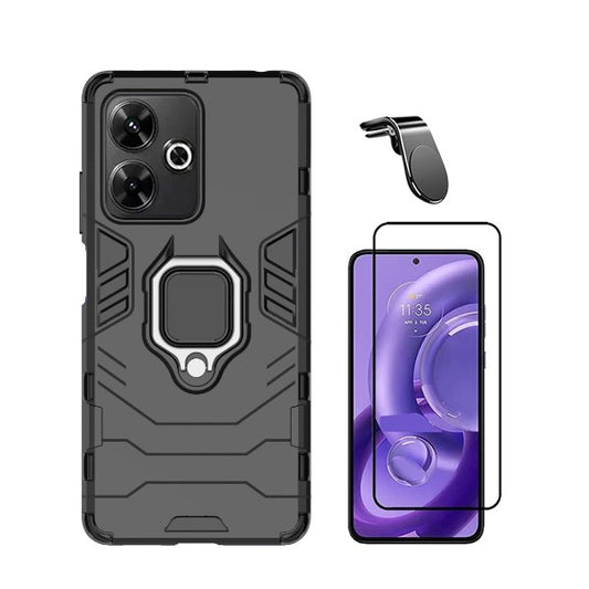 Kit Película de Vidro Temperado Gorilasglass + Capa de Proteção Militar Magnética + Suporte de Carro Magnético L GIFT4ME Compativel Com Xiaomi Redmi 13 - Preto