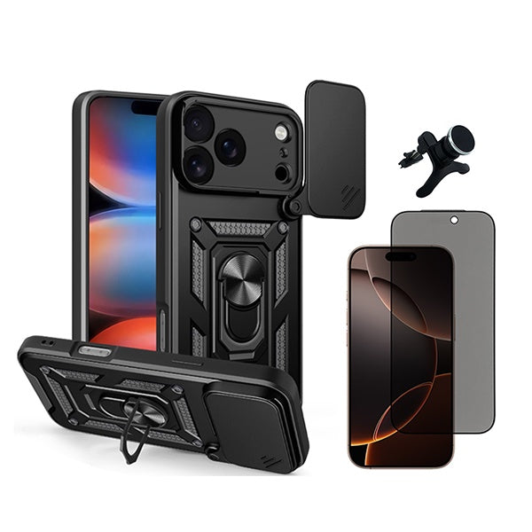 Kit Película de Vidro Temperado Privacidade + Capa de Proteção Militar Magnética Janela +  Suporte Magnético Com Pernas  GIFT4ME Para Apple iPhone 18 Pro Max - Preto
