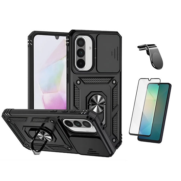 Kit Película de Vidro Temperado Gorilasglass + Capa de Proteção Militar Magnética Janela + Suporte de Carro Magnético L GIFT4ME Para Samsung Galaxy A17 5G - Preto